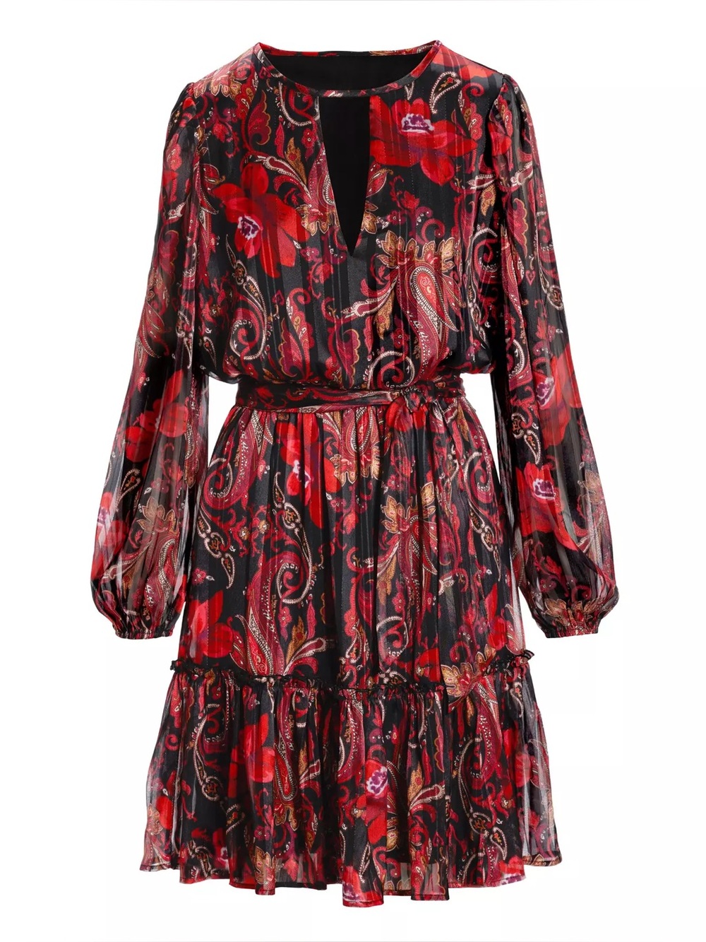 Boston Proper Paisley Garden Mix Keyhole Red Black Long-Sleeve Tiered Dress